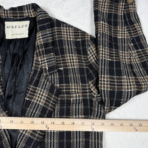 Vintage Jaeger Plaid Blazer Black Tan Wool Blend Sparkle‎ Button Jacket Women M - Picture 8 of 10
